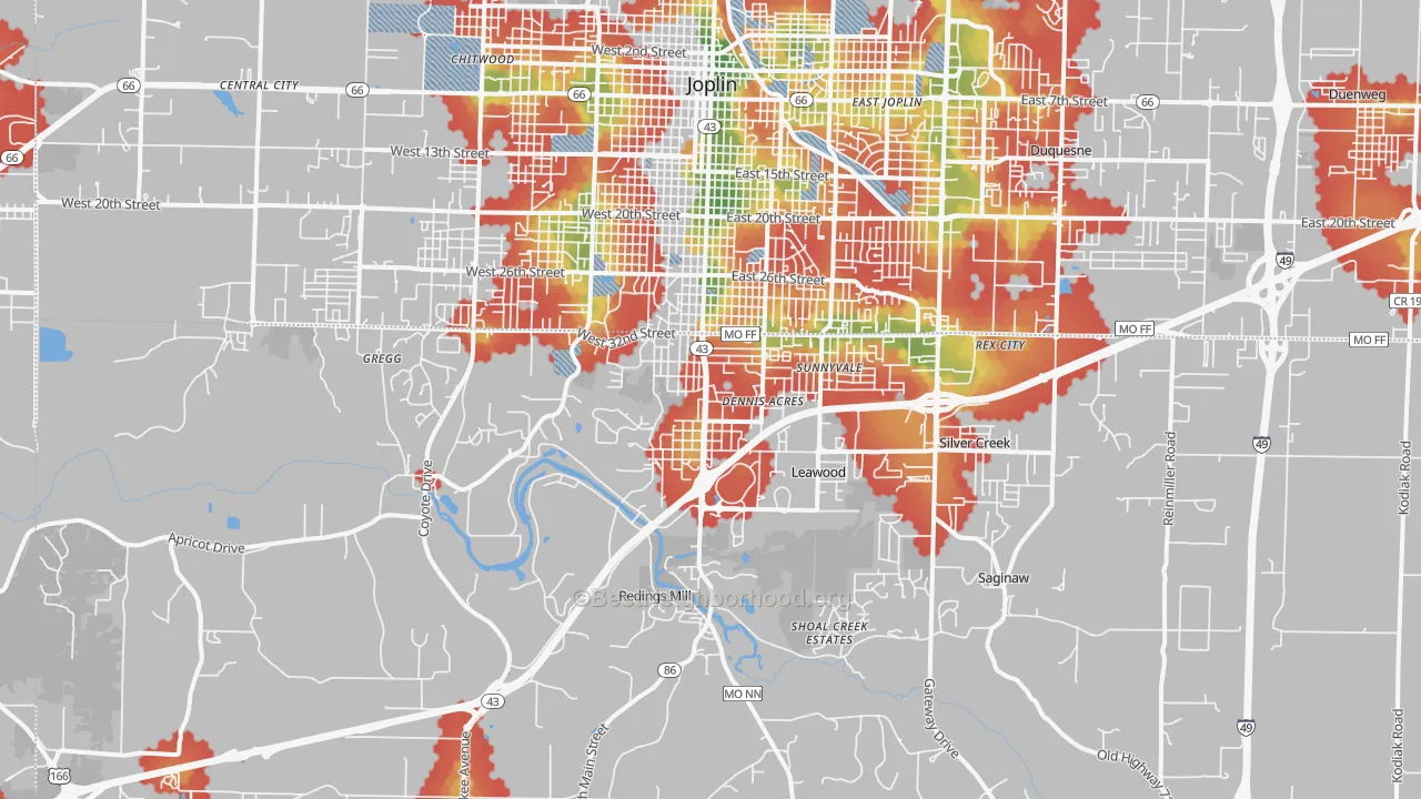 Walk Grade map of 64804, MO, walkable areas in green and car-dependent areas in red