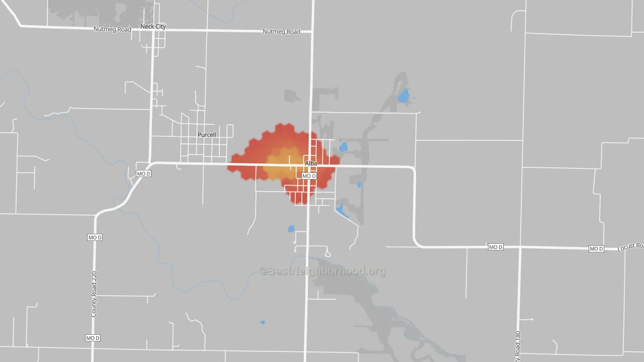 Walk Grade map of 64830, MO, walkable areas in green and car-dependent areas in red