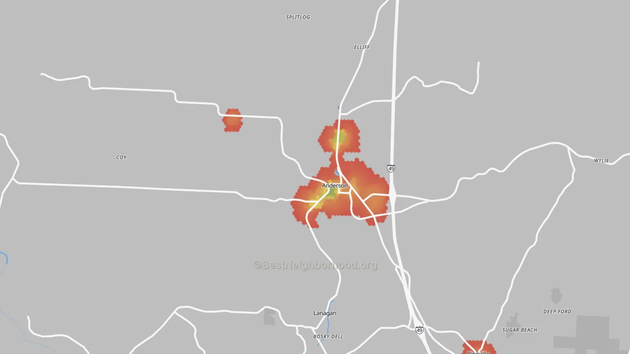 Walk Grade map of 64831, MO, walkable areas in green and car-dependent areas in red