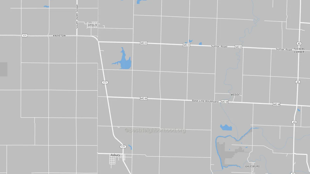 Walk Grade map of 64832, MO, walkable areas in green and car-dependent areas in red