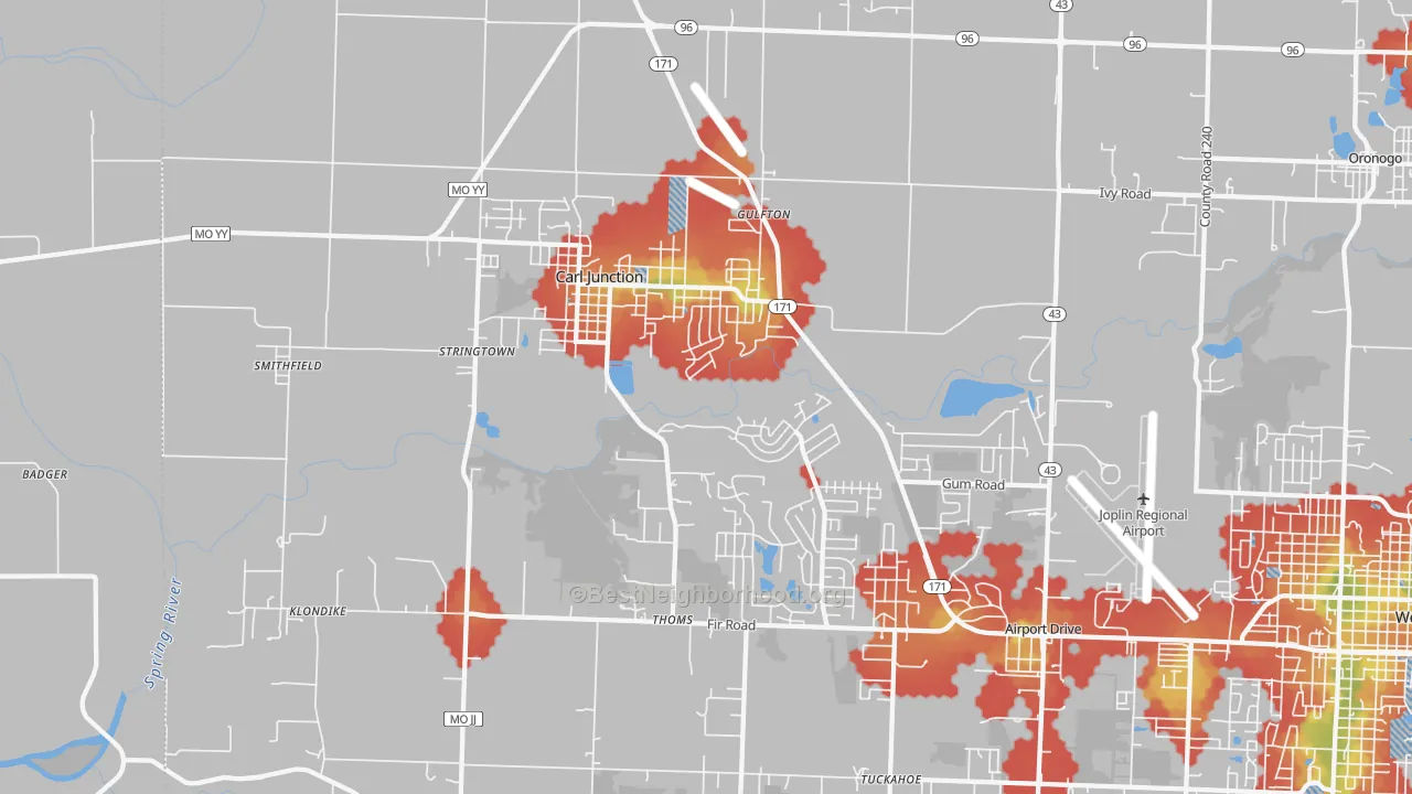 Walk Grade map of 64834, MO, walkable areas in green and car-dependent areas in red