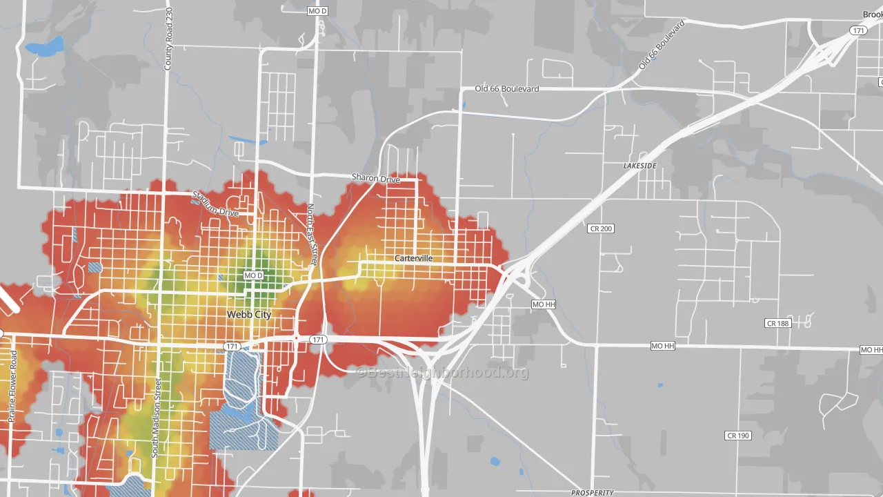 Walk Grade map of 64835, MO, walkable areas in green and car-dependent areas in red