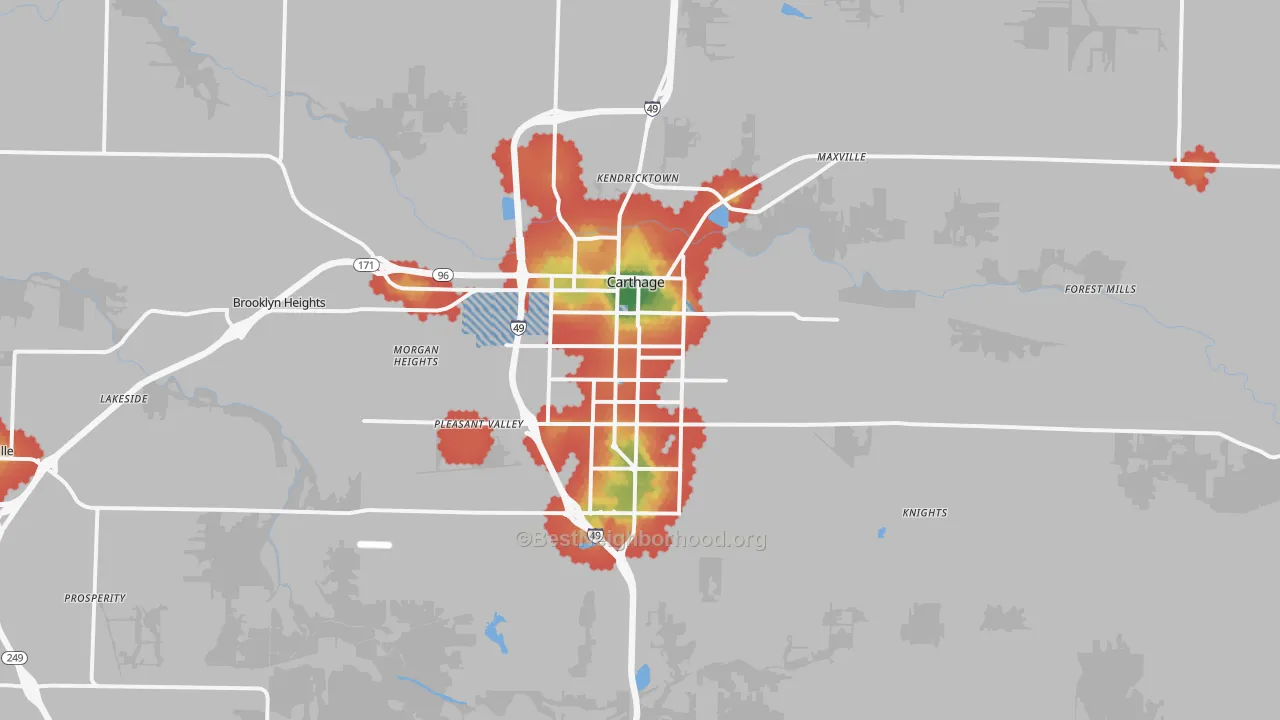 Walk Grade map of 64836, MO, walkable areas in green and car-dependent areas in red