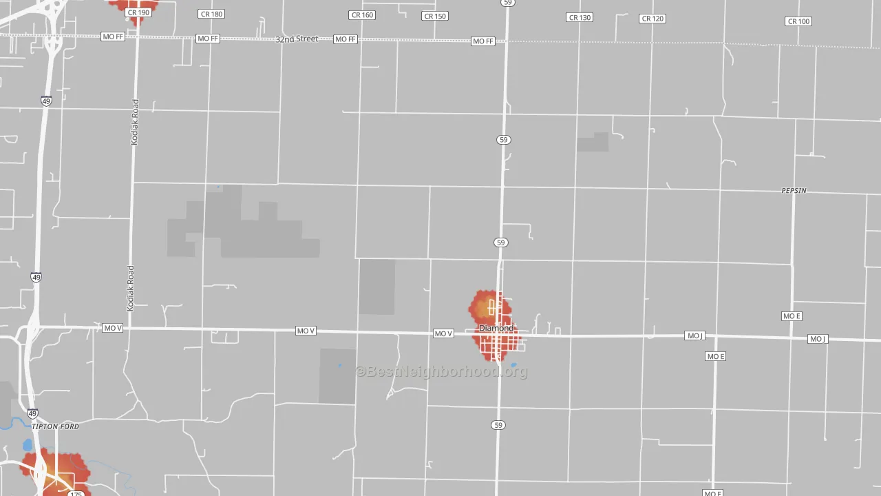 Walk Grade map of 64840, MO, walkable areas in green and car-dependent areas in red
