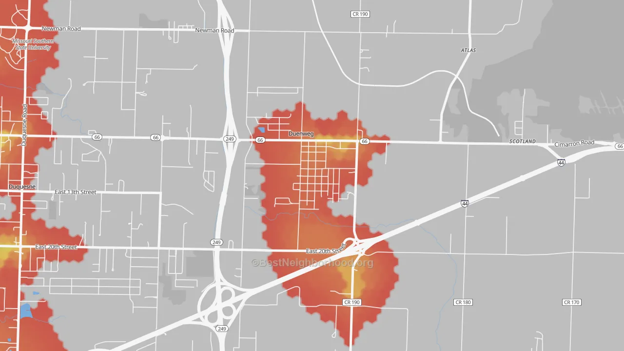 Walk Grade map of 64841, MO, walkable areas in green and car-dependent areas in red