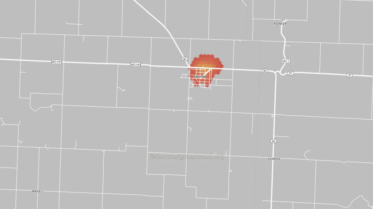 Walk Grade map of 64842, MO, walkable areas in green and car-dependent areas in red