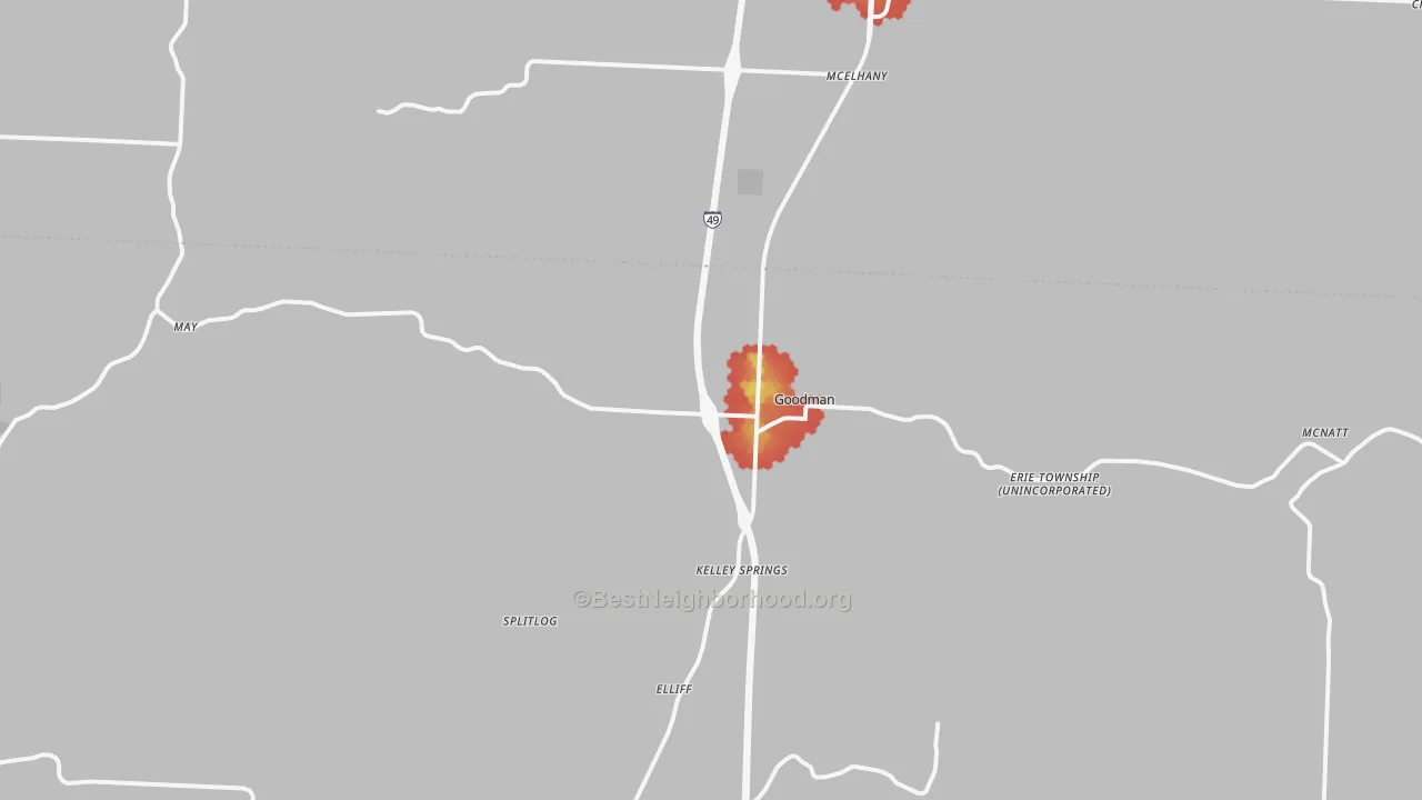 Walk Grade map of 64843, MO, walkable areas in green and car-dependent areas in red