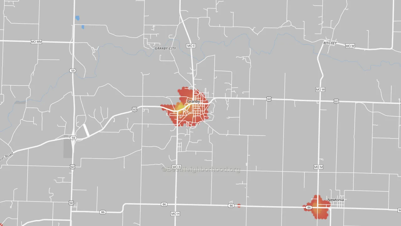 Walk Grade map of 64844, MO, walkable areas in green and car-dependent areas in red