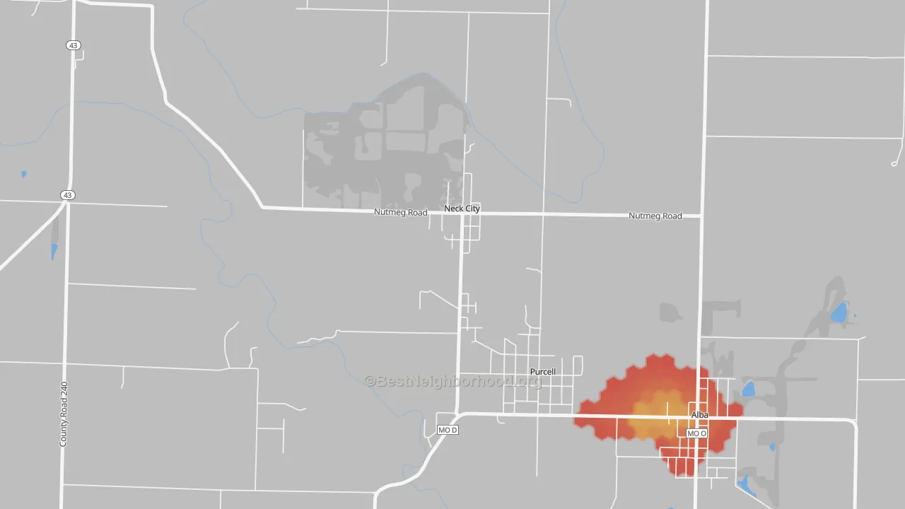 Walk Grade map of 64849, MO, walkable areas in green and car-dependent areas in red
