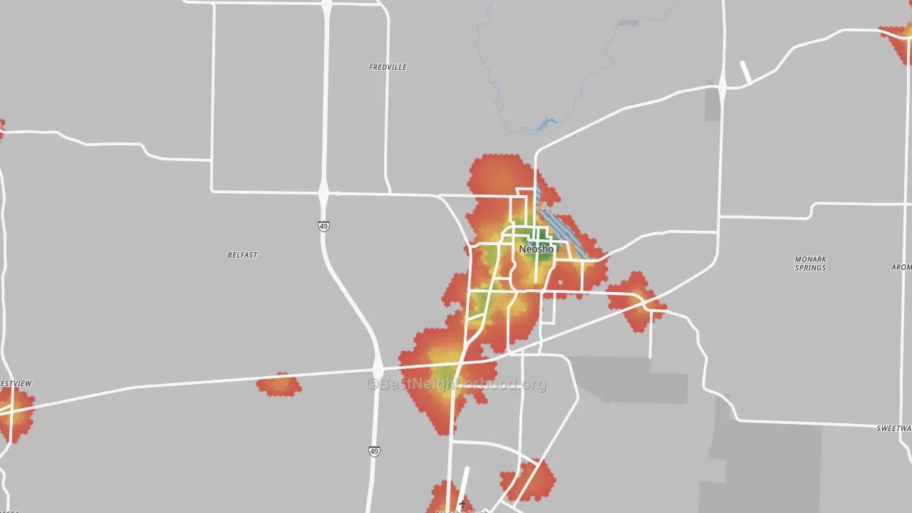 Walk Grade map of 64850, MO, walkable areas in green and car-dependent areas in red