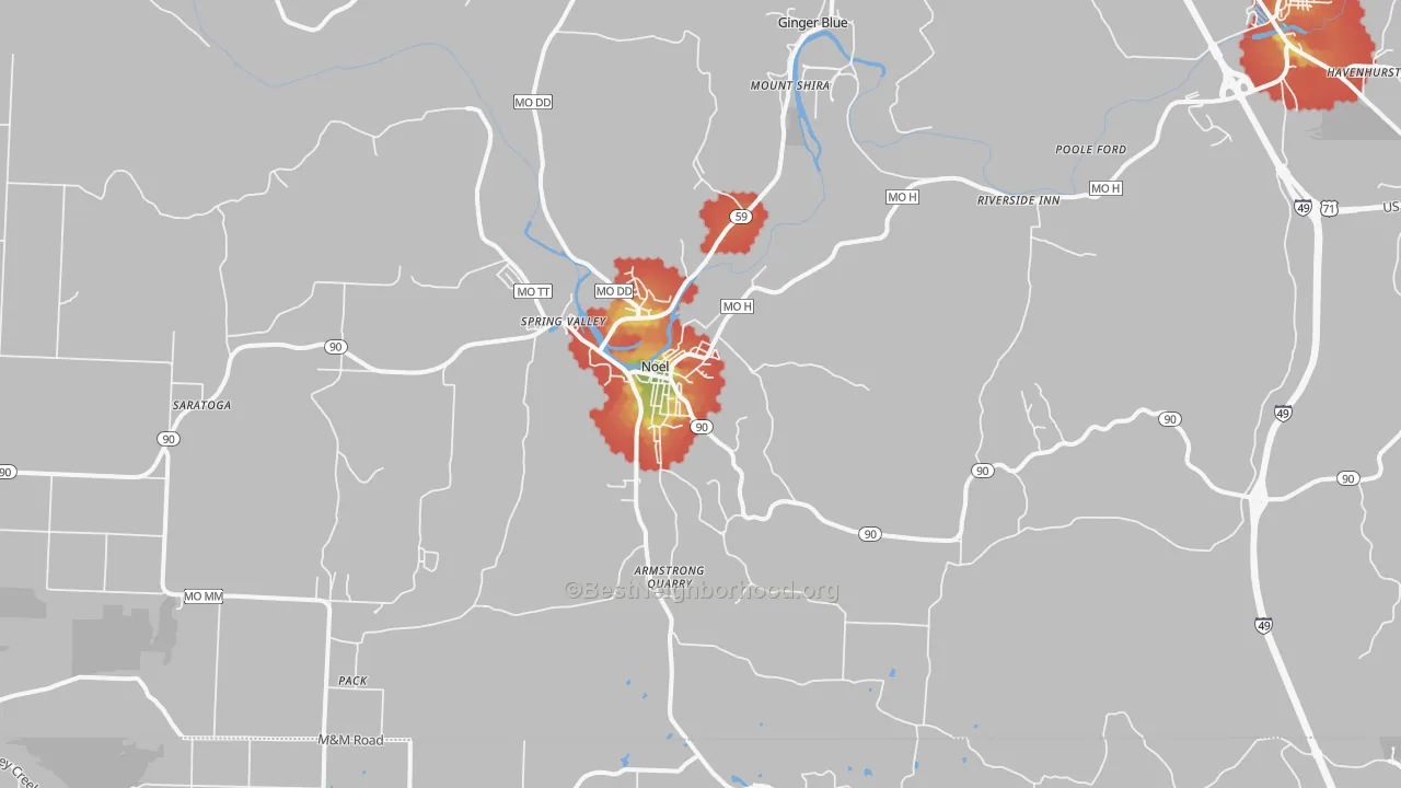 Walk Grade map of 64854, MO, walkable areas in green and car-dependent areas in red