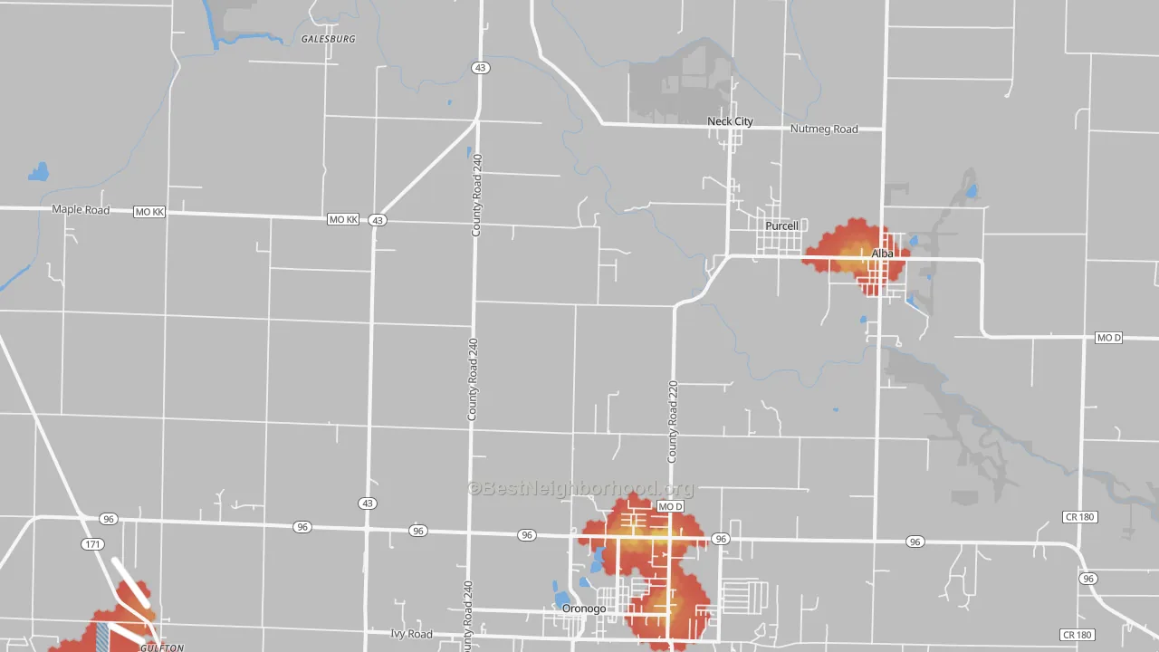 Walk Grade map of 64855, MO, walkable areas in green and car-dependent areas in red