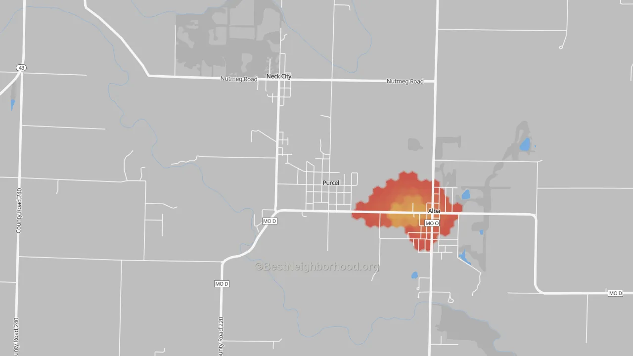 Walk Grade map of 64857, MO, walkable areas in green and car-dependent areas in red