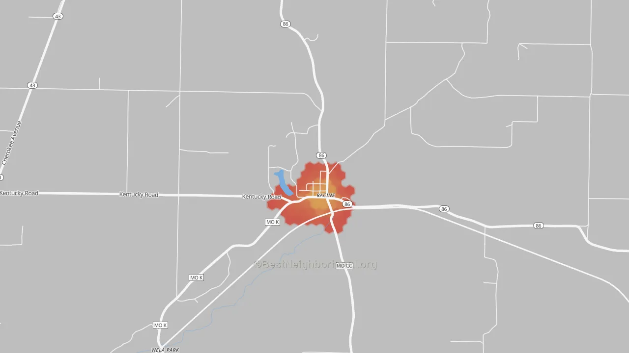 Walk Grade map of 64858, MO, walkable areas in green and car-dependent areas in red