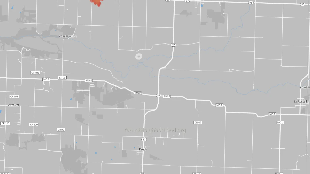 Walk Grade map of 64859, MO, walkable areas in green and car-dependent areas in red