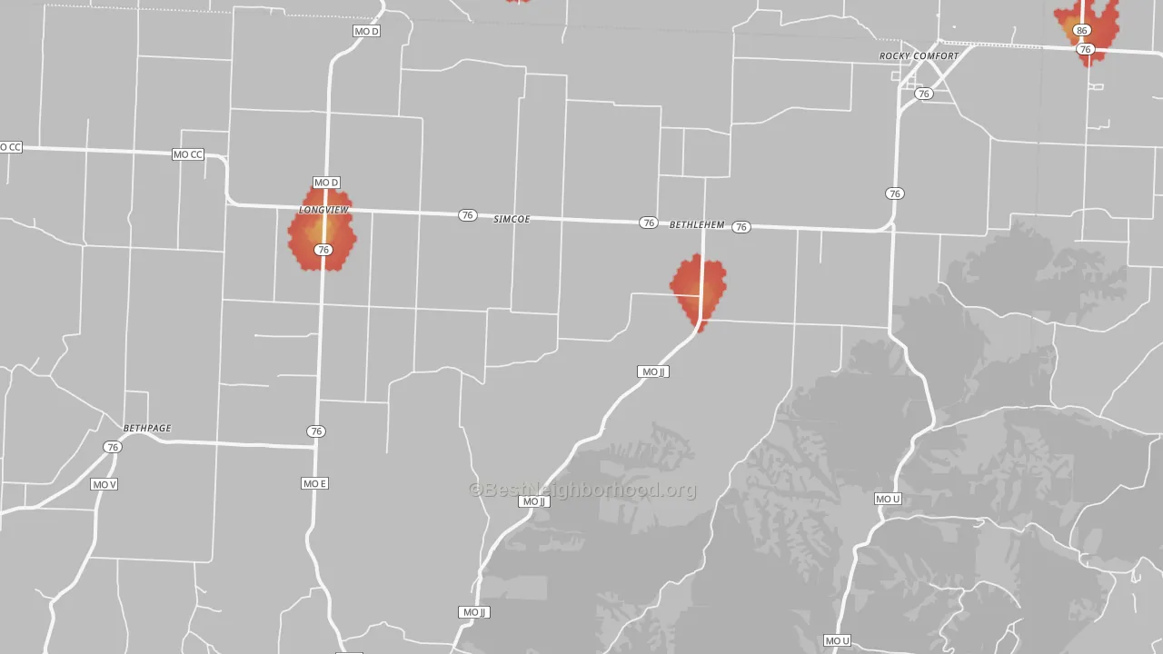Walk Grade map of 64861, MO, walkable areas in green and car-dependent areas in red
