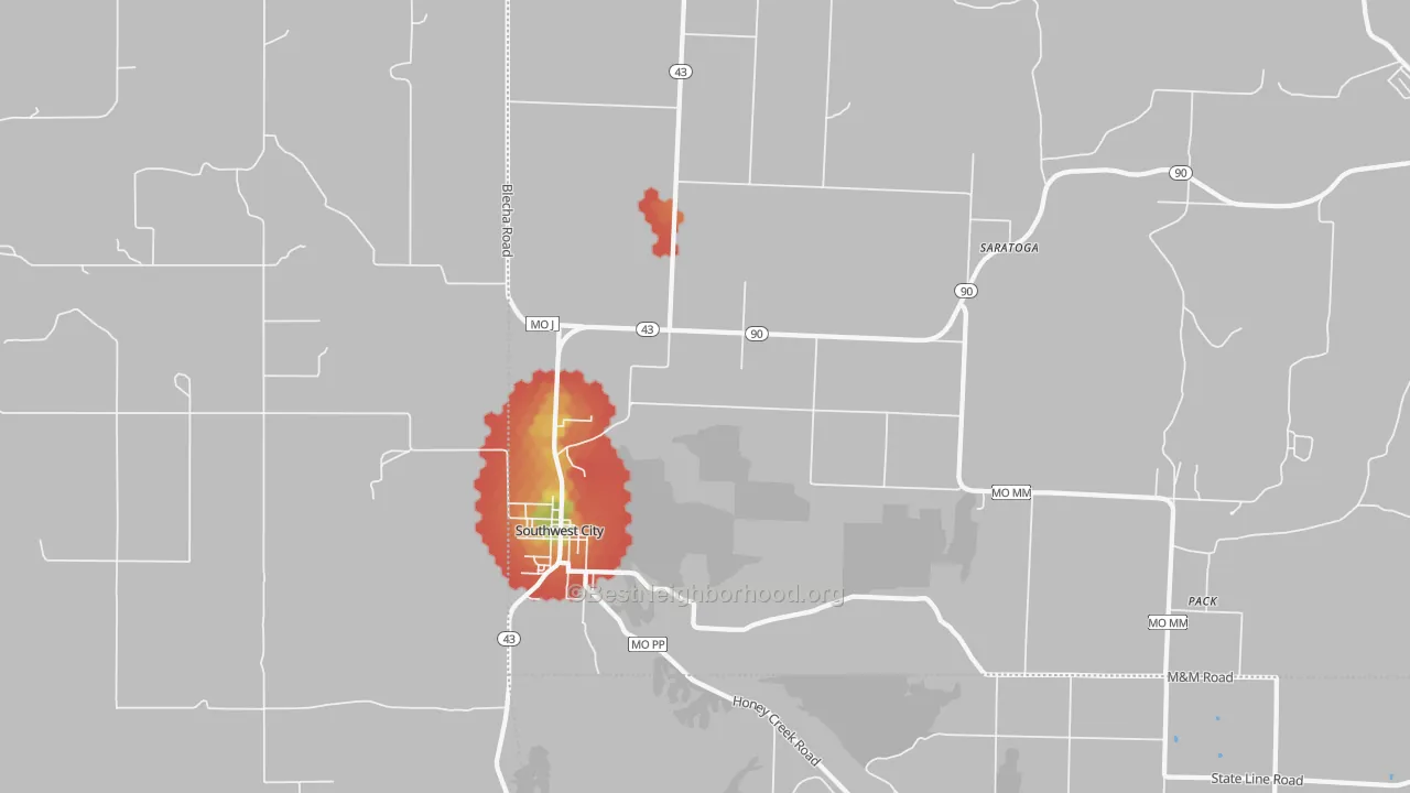 Walk Grade map of 64863, MO, walkable areas in green and car-dependent areas in red
