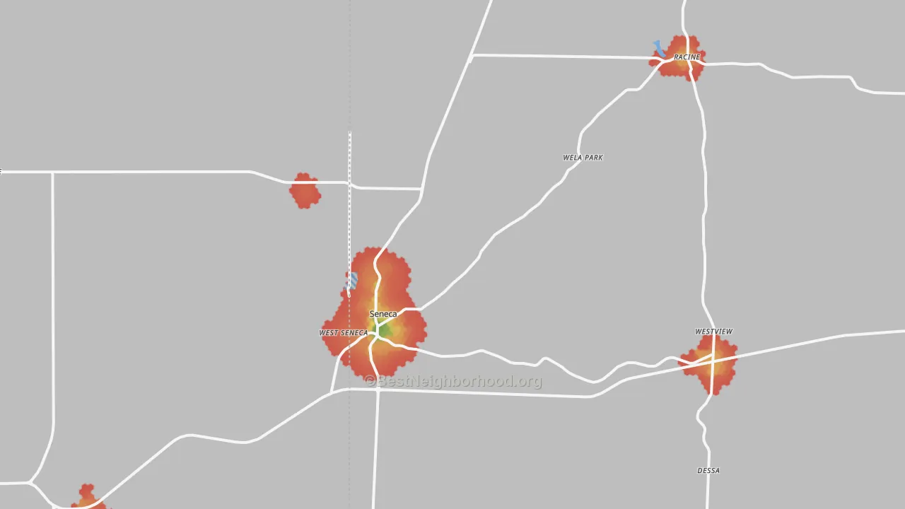 Walk Grade map of 64865, MO, walkable areas in green and car-dependent areas in red