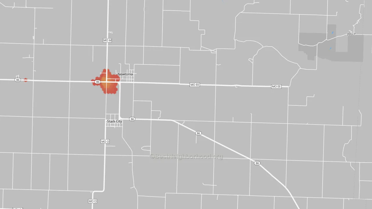 Walk Grade map of 64866, MO, walkable areas in green and car-dependent areas in red