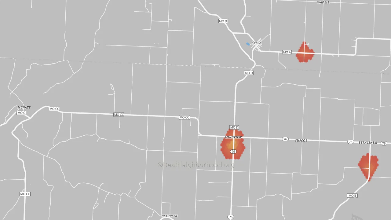 Walk Grade map of 64867, MO, walkable areas in green and car-dependent areas in red