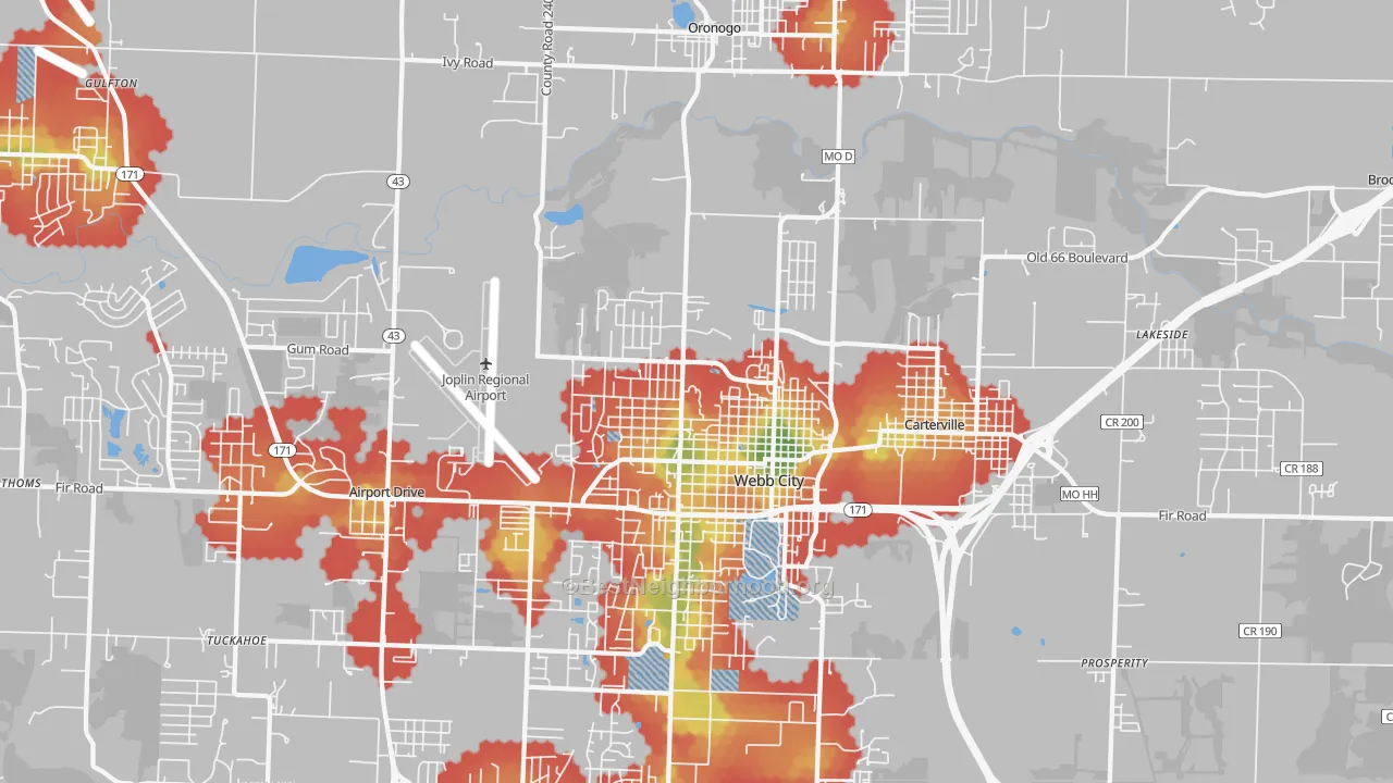 Walk Grade map of 64870, MO, walkable areas in green and car-dependent areas in red