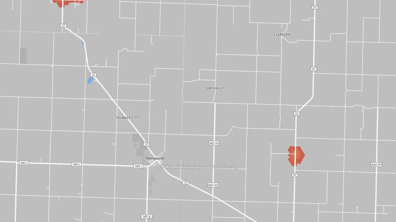 Walk Grade map of 64873, MO, walkable areas in green and car-dependent areas in red