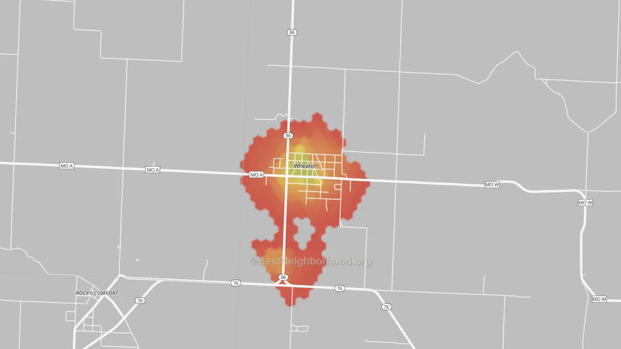 Walk Grade map of 64874, MO, walkable areas in green and car-dependent areas in red