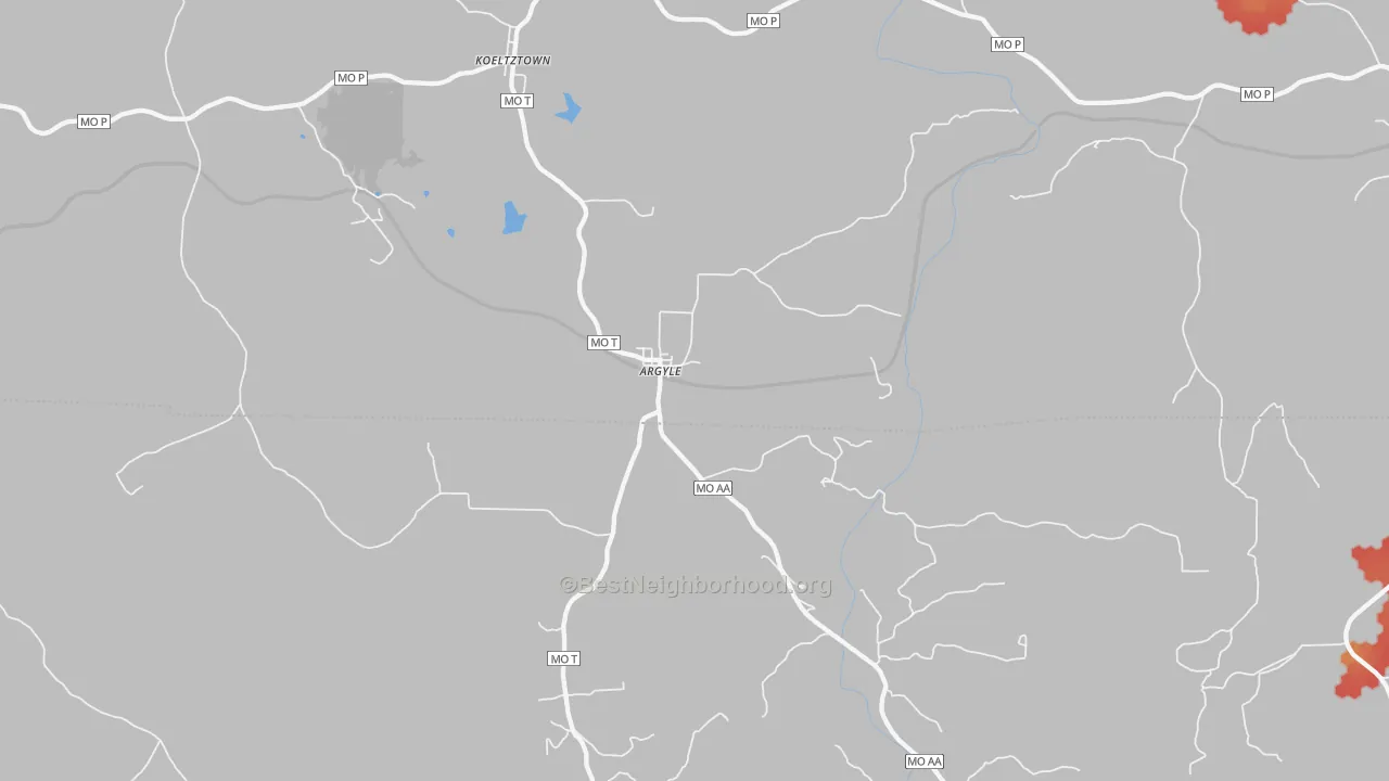 Walk Grade map of 65001, MO, walkable areas in green and car-dependent areas in red