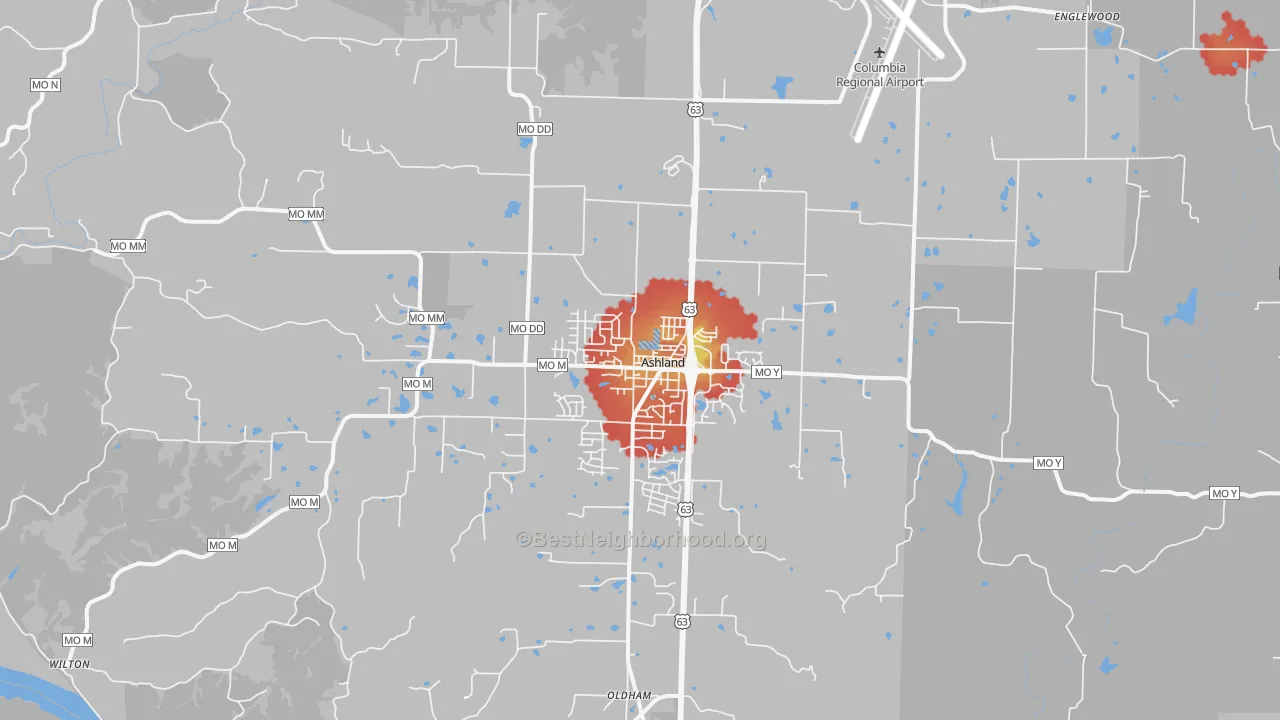 Walk Grade map of 65010, MO, walkable areas in green and car-dependent areas in red