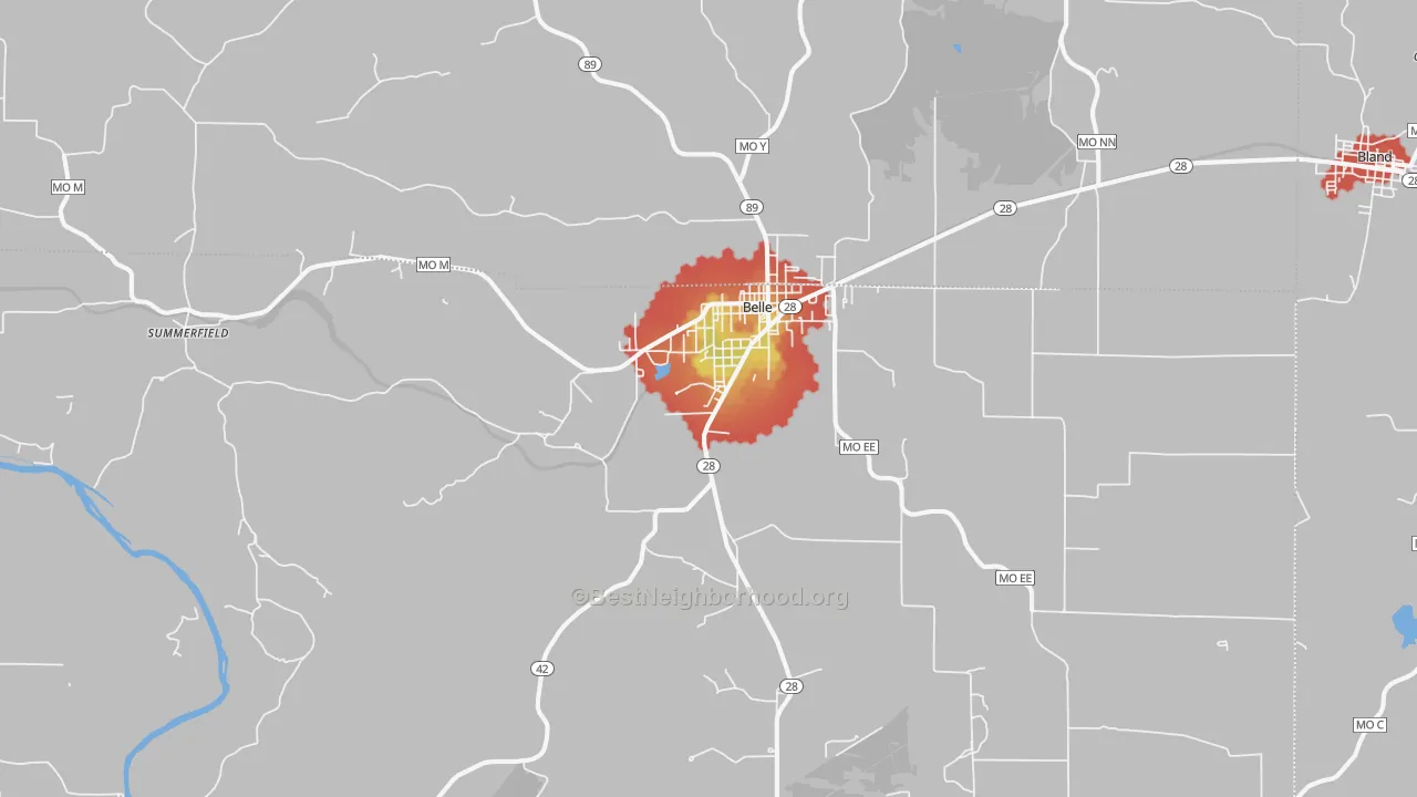 Walk Grade map of 65013, MO, walkable areas in green and car-dependent areas in red