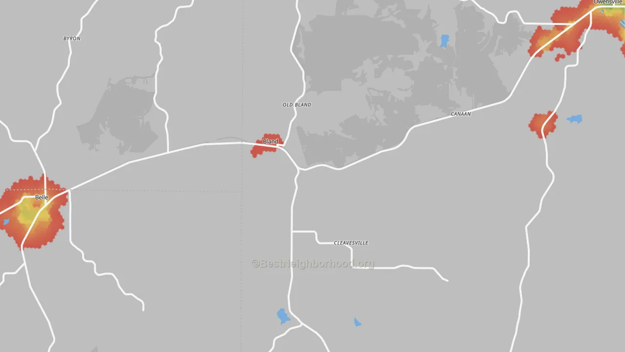 Walk Grade map of 65014, MO, walkable areas in green and car-dependent areas in red