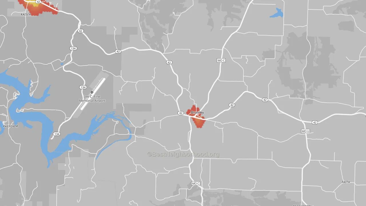 Walk Grade map of 65017, MO, walkable areas in green and car-dependent areas in red