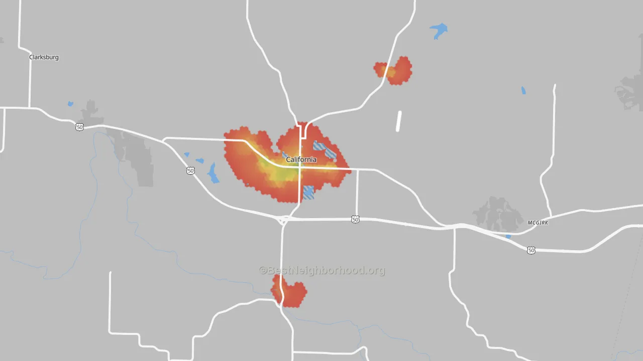 Walk Grade map of 65018, MO, walkable areas in green and car-dependent areas in red