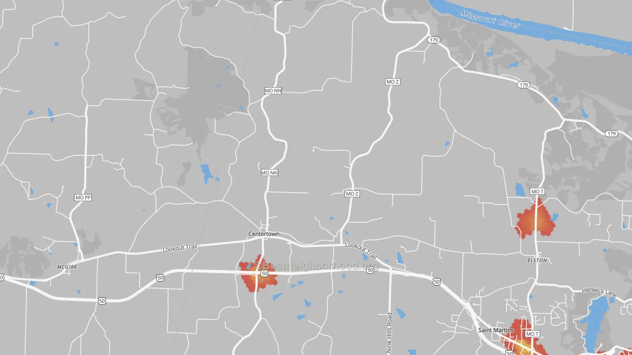 Walk Grade map of 65023, MO, walkable areas in green and car-dependent areas in red