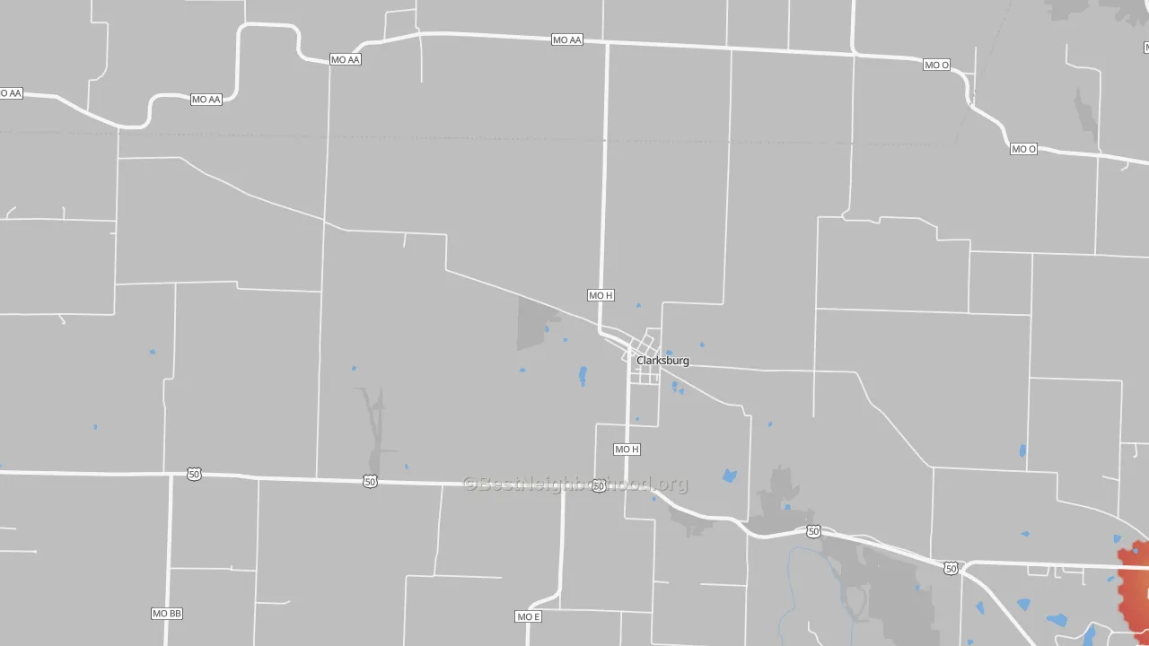 Walk Grade map of 65025, MO, walkable areas in green and car-dependent areas in red