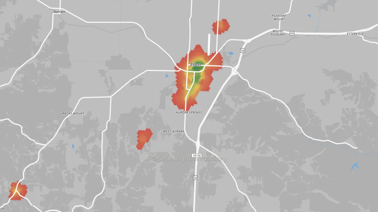 Walk Grade map of 65026, MO, walkable areas in green and car-dependent areas in red
