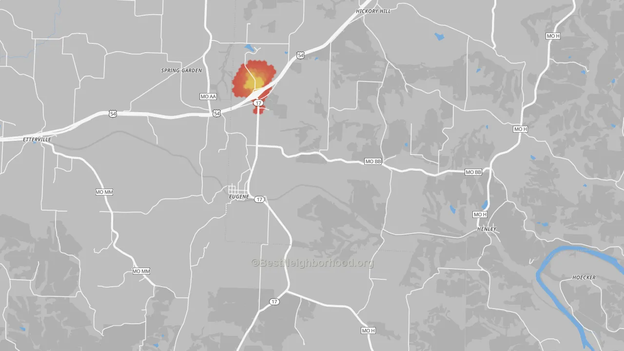 Walk Grade map of 65032, MO, walkable areas in green and car-dependent areas in red