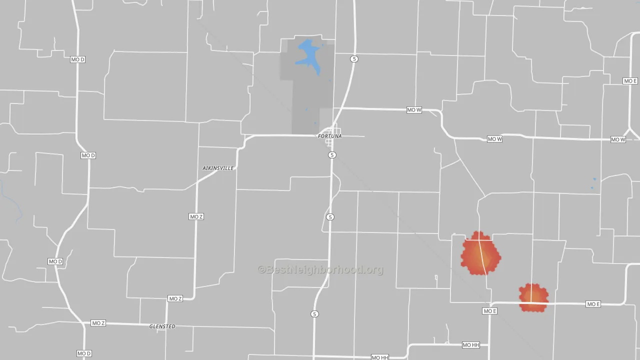 Walk Grade map of 65034, MO, walkable areas in green and car-dependent areas in red