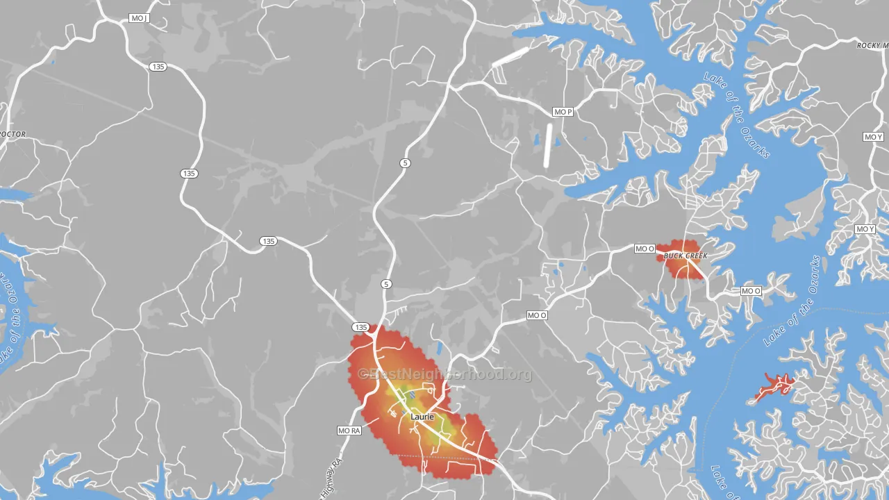 Walk Grade map of 65037, MO, walkable areas in green and car-dependent areas in red