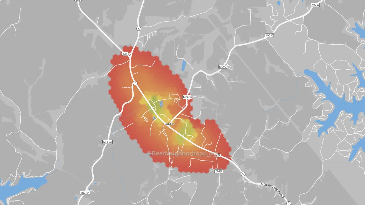 Walk Grade map of 65038, MO, walkable areas in green and car-dependent areas in red