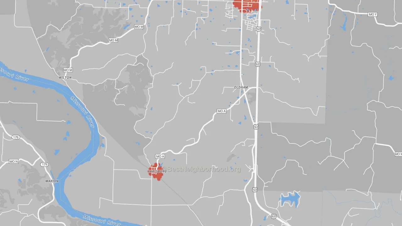 Walk Grade map of 65039, MO, walkable areas in green and car-dependent areas in red