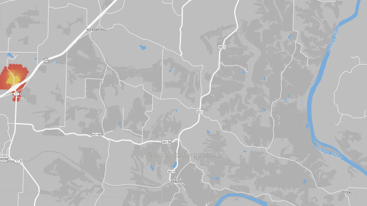 Walk Grade map of 65040, MO, walkable areas in green and car-dependent areas in red