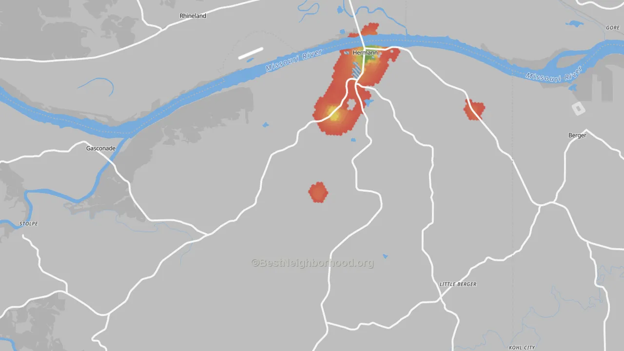 Walk Grade map of 65041, MO, walkable areas in green and car-dependent areas in red