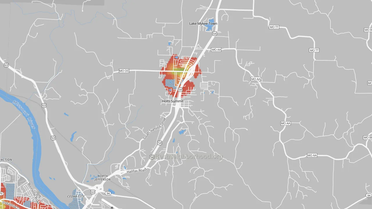 Walk Grade map of 65043, MO, walkable areas in green and car-dependent areas in red