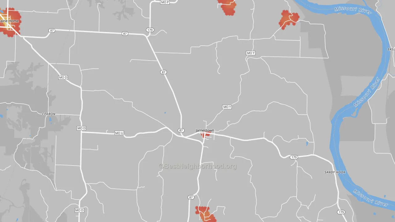 Walk Grade map of 65046, MO, walkable areas in green and car-dependent areas in red