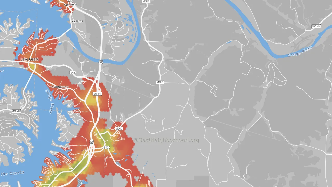 Walk Grade map of 65047, MO, walkable areas in green and car-dependent areas in red