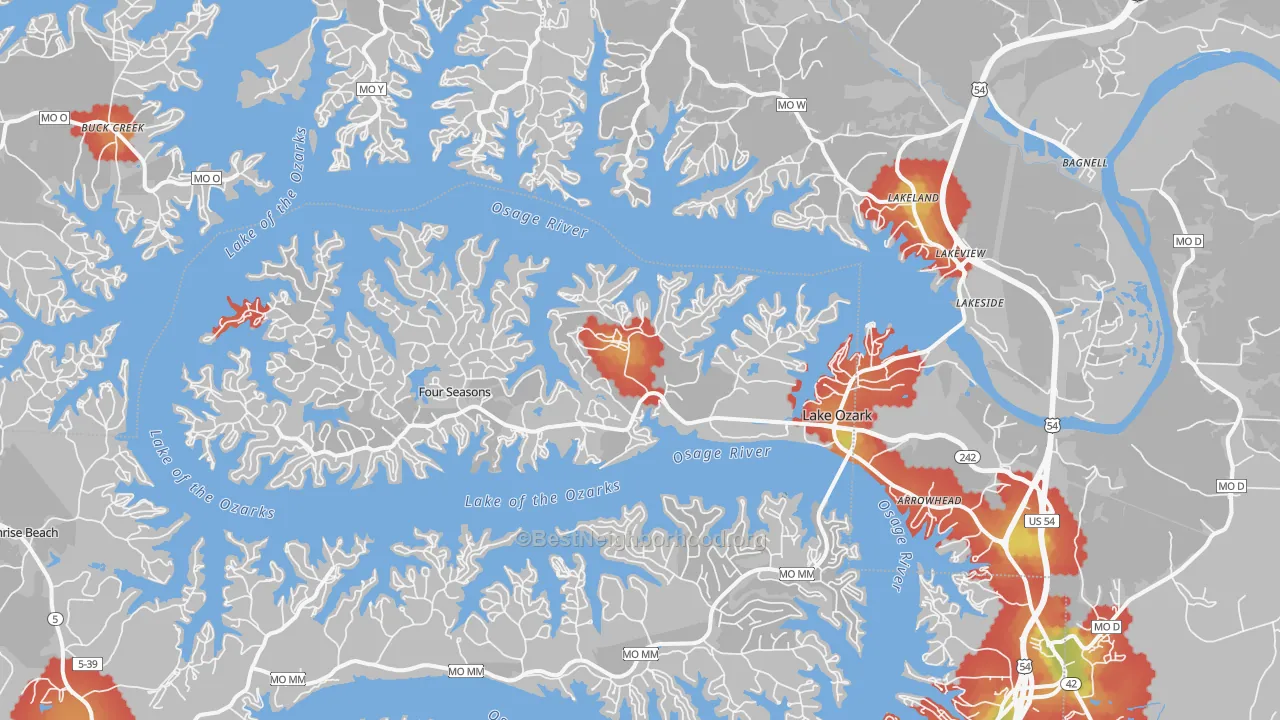 Walk Grade map of 65049, MO, walkable areas in green and car-dependent areas in red