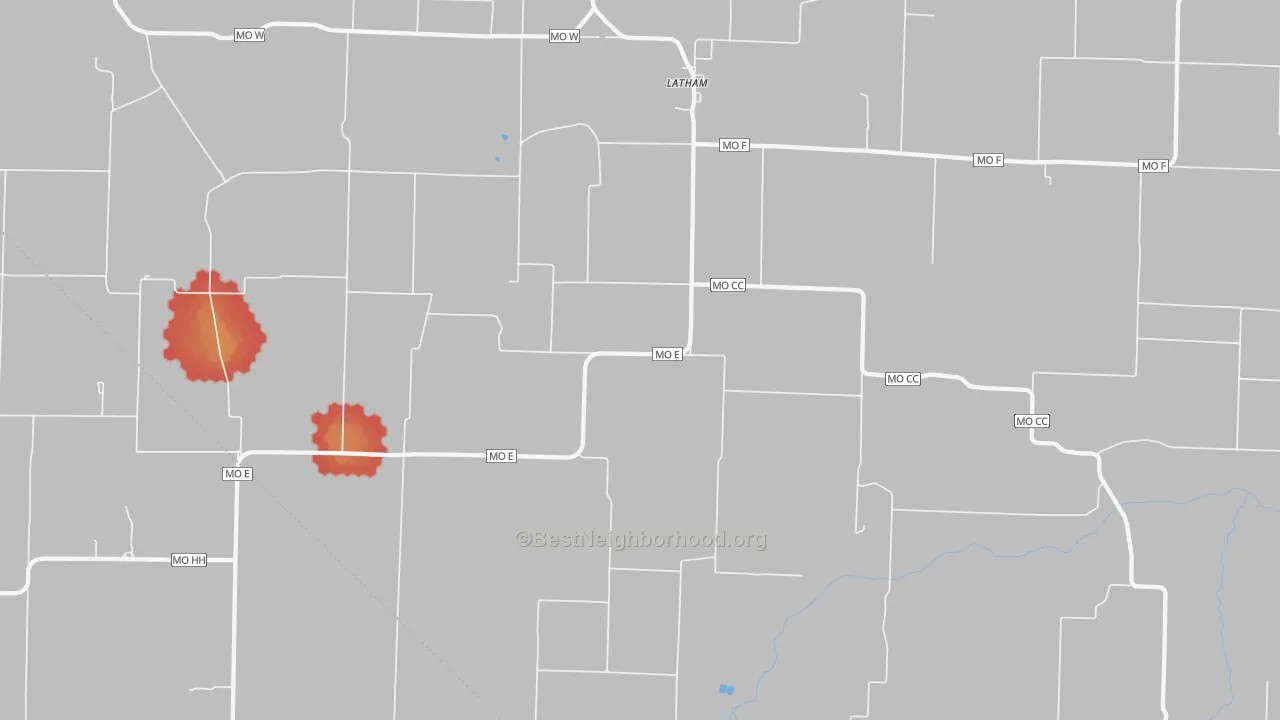 Walk Grade map of 65050, MO, walkable areas in green and car-dependent areas in red