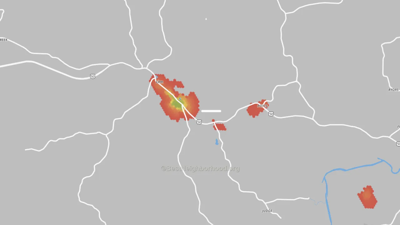 Walk Grade map of 65051, MO, walkable areas in green and car-dependent areas in red