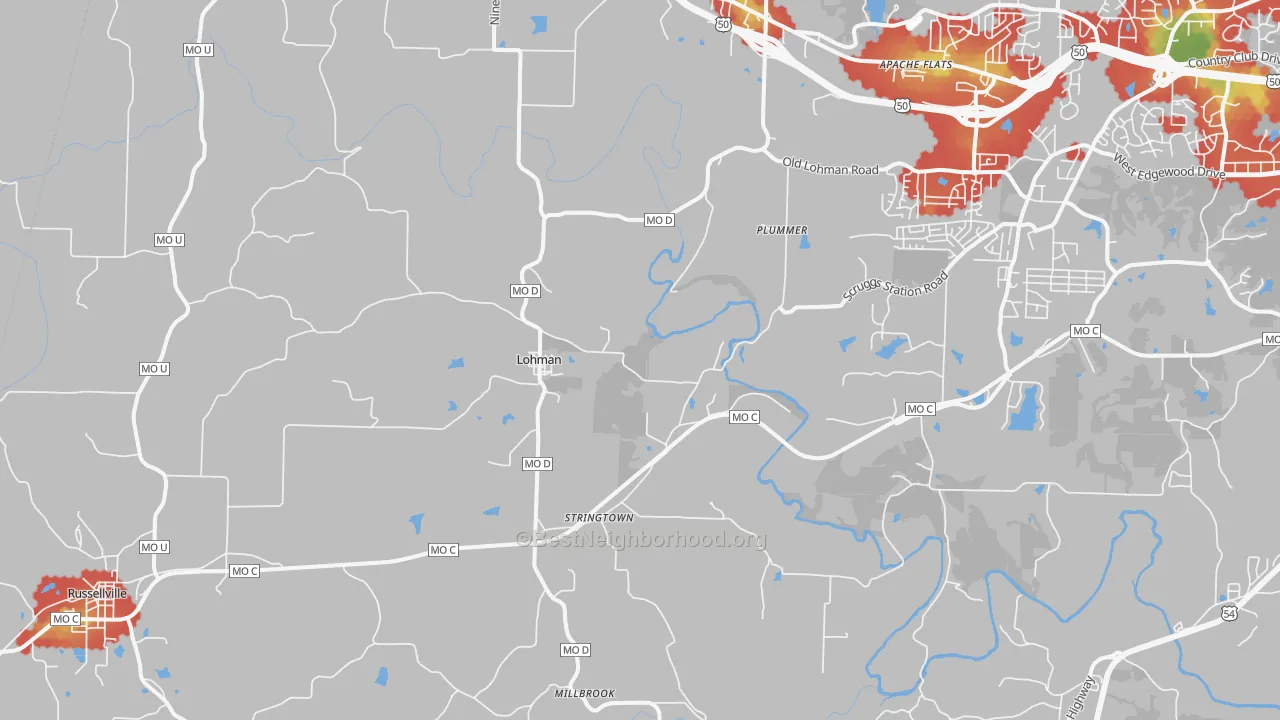 Walk Grade map of 65053, MO, walkable areas in green and car-dependent areas in red